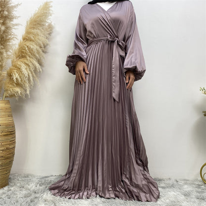 Modest V-neck Patchwork Pleated Long Dress