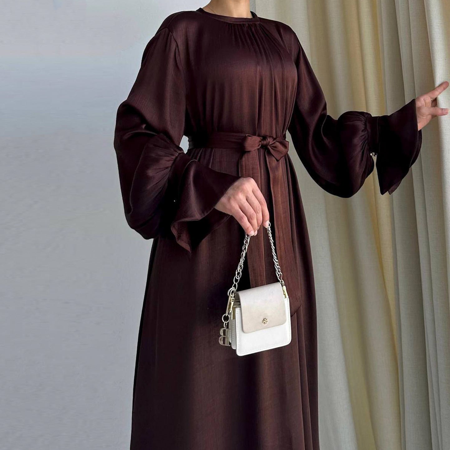 Women's Satin Waist Tie Elegant Abaya Dress