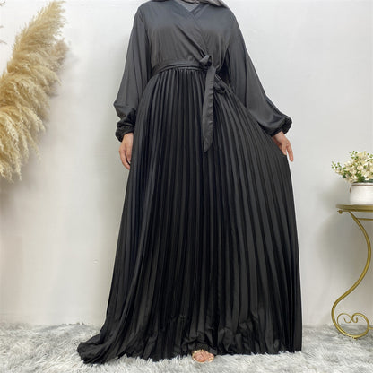 Modest V-neck Patchwork Pleated Long Dress