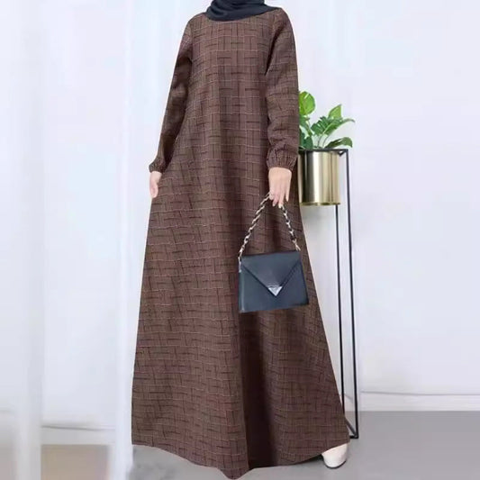 Women's Plaid Crewneck Modest Dress - Coffee