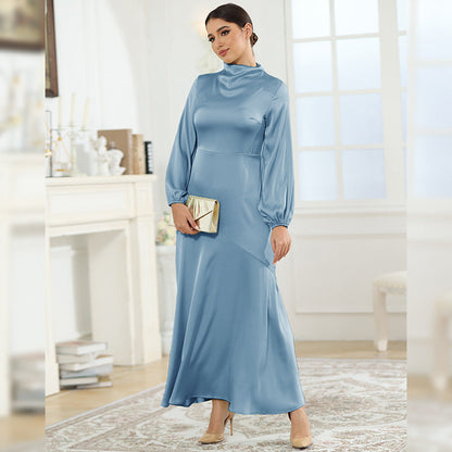 Modest High Neck Long Sleeve Satin Maxi Dress