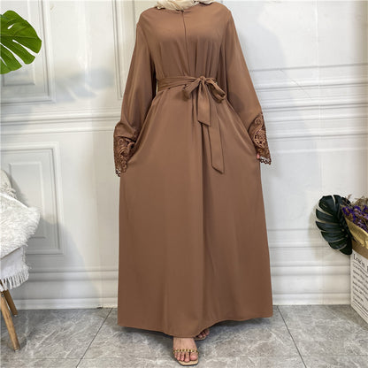 Modest Plain Floral Lace Zip-up Abaya Dress