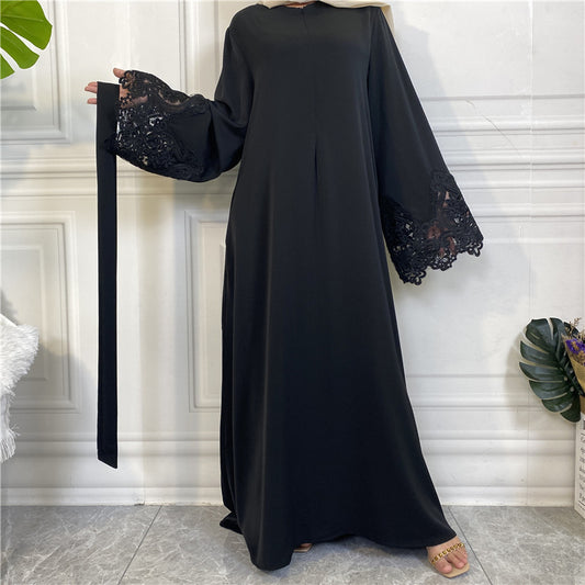 Modest Plain Floral Lace Zip-up Abaya Dress