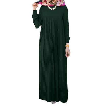 Women's Solid Color Crew Neck Long Sleeve Pleated Dress