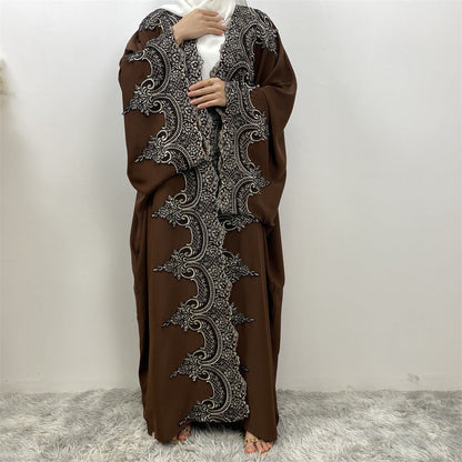 Lace Patchwork Batwing Sleeve Robe Open Abaya