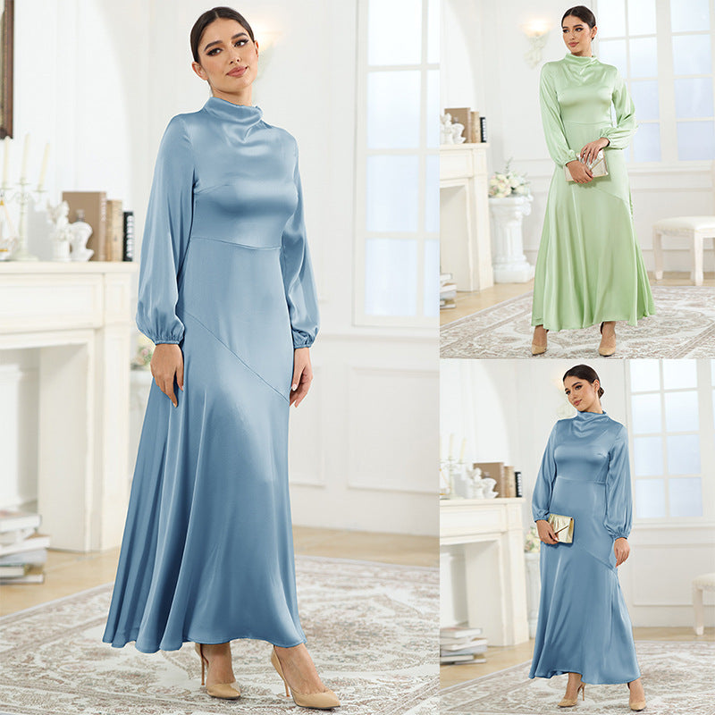 Modest High Neck Long Sleeve Satin Maxi Dress