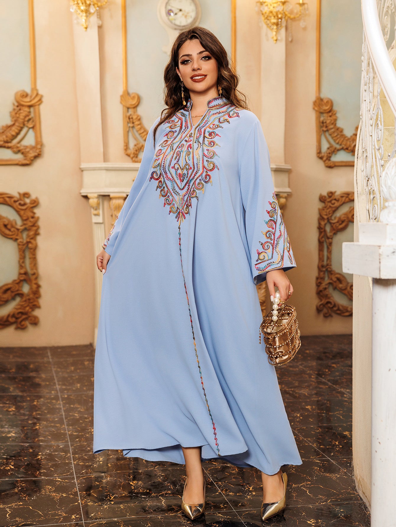 Stylish Floral Long Sleeve Dress - Blue