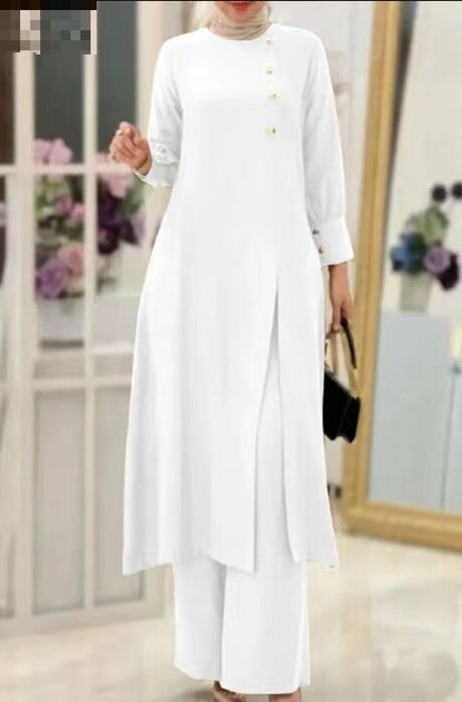 Womens Chic Two Piece Set Long Shirt with Side Slit Wide Leg Pants