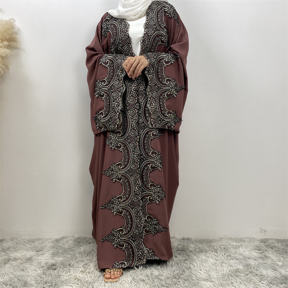 Lace Patchwork Batwing Sleeve Robe Open Abaya