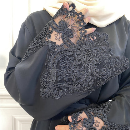 Modest Plain Floral Lace Zip-up Abaya Dress