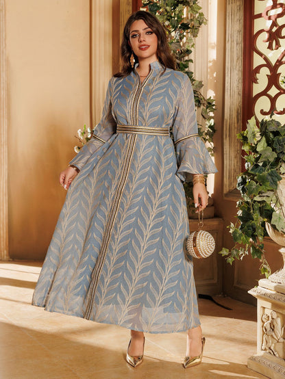 Luxury Gold Leaves Embroidered Party Dress - Blue