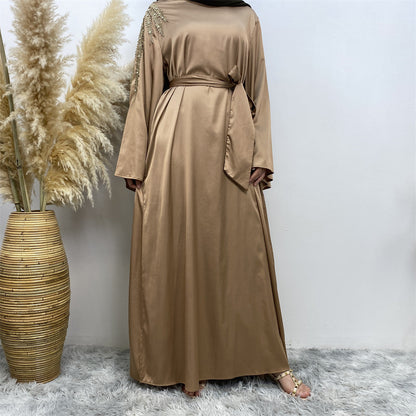 Elegant Pearl-Embellished Patchwork Modest Abaya Dress