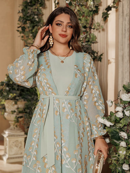 Elegant Long Sleeve Evening Dress - LightGreen