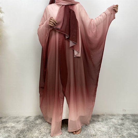 Gradient Bat Sleeve Robe Dress Sets with Hijab