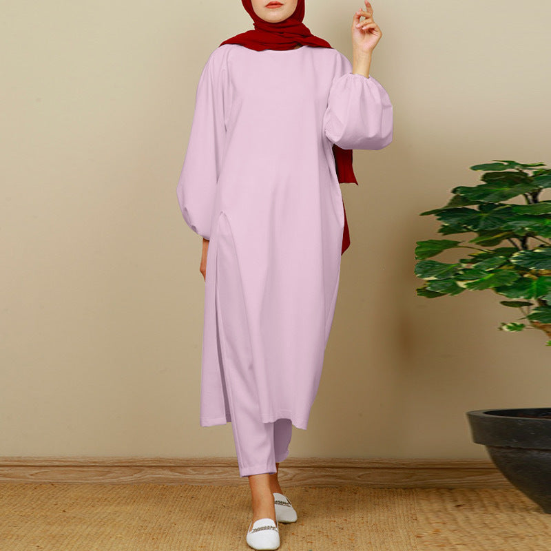 Plain Long-sleeved Crewneck Trouser Sets