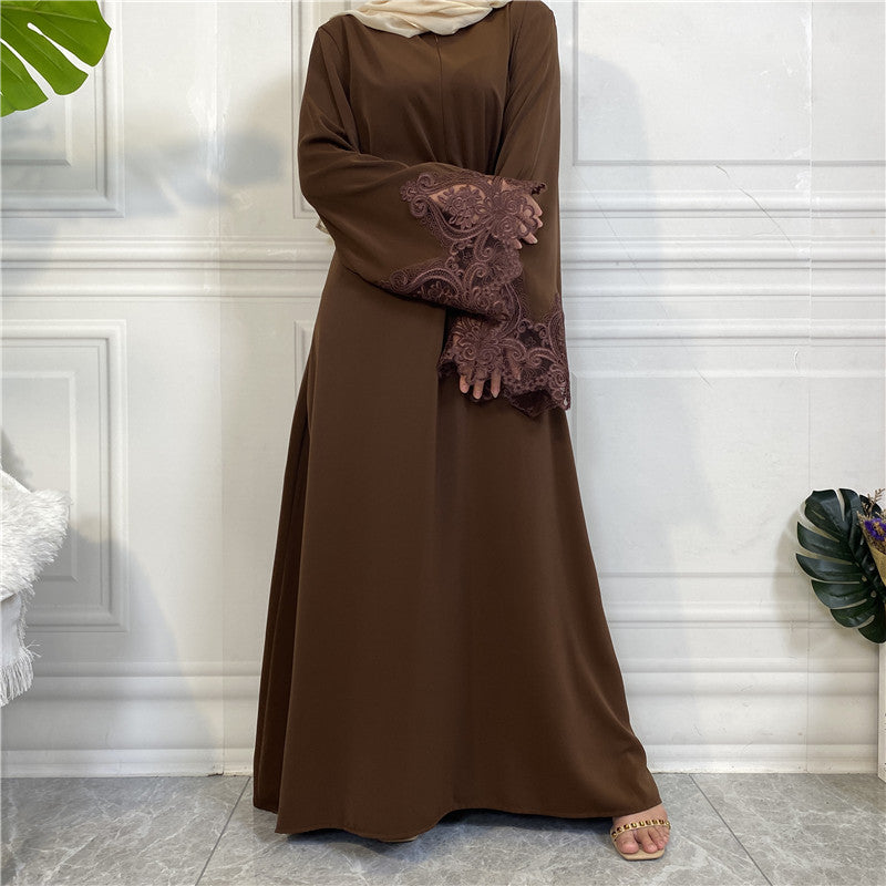 Modest Plain Floral Lace Zip-up Abaya Dress