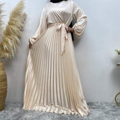 Modest V-neck Patchwork Pleated Long Dress