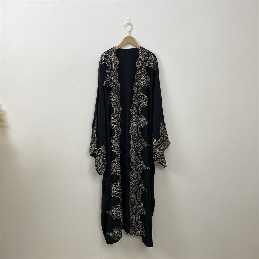 Lace Patchwork Batwing Sleeve Robe Open Abaya