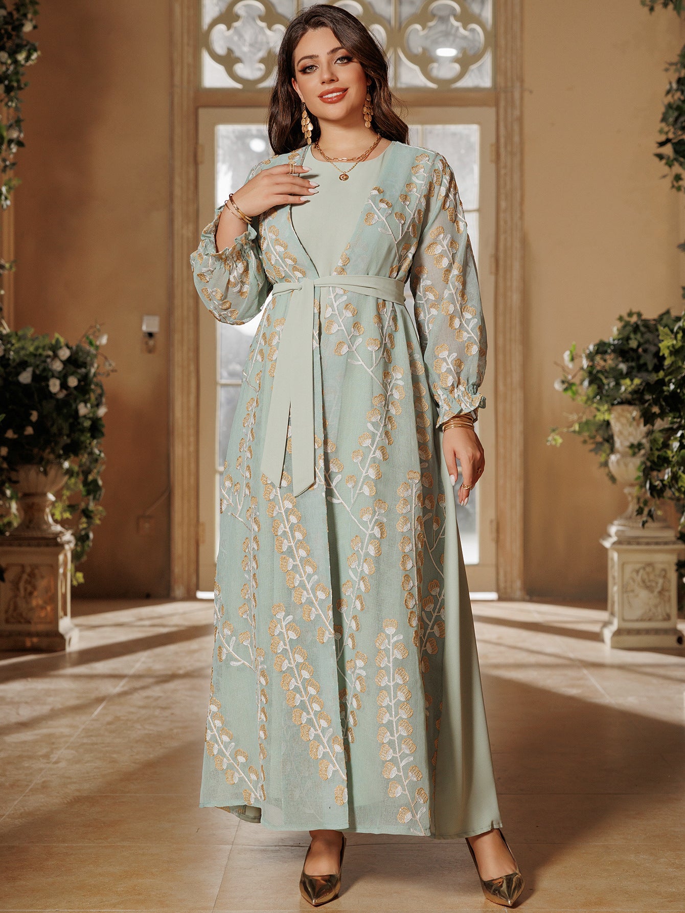 Elegant Long Sleeve Evening Dress - LightGreen