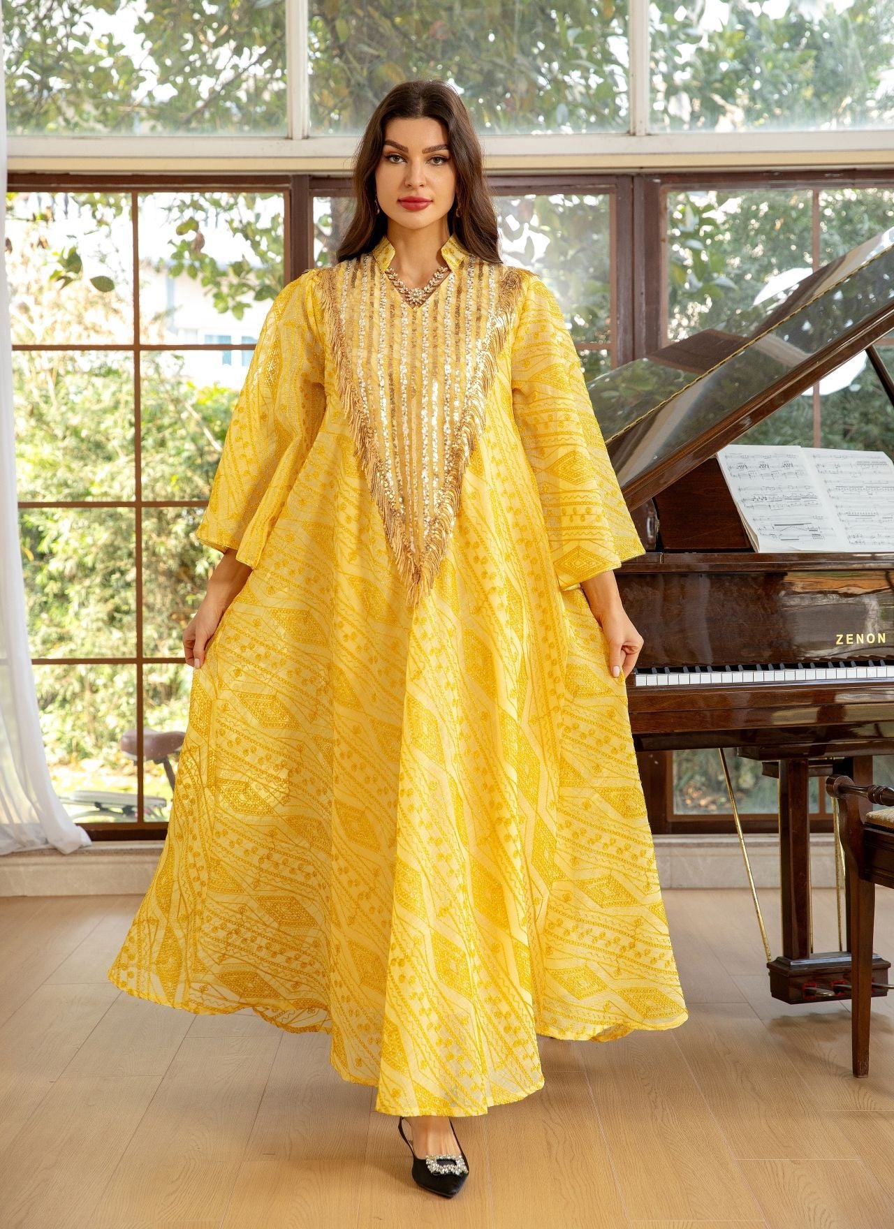 Holy Flared Sleeves Wide Dress - Yellow