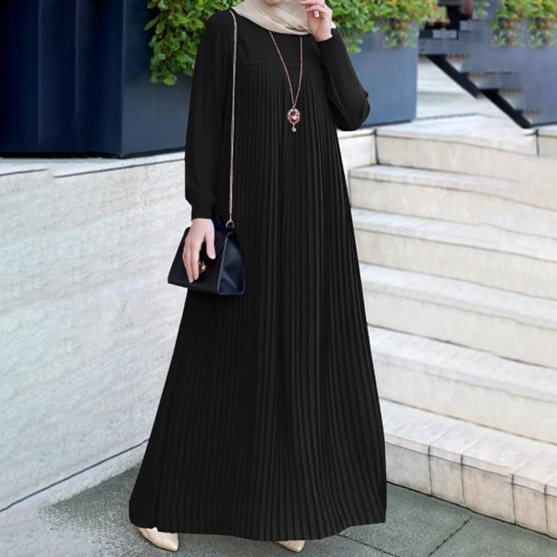 Women's Solid Color Crew Neck Long Sleeve Pleated Dress