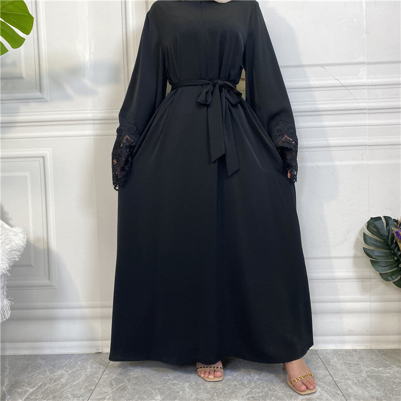 Modest Plain Floral Lace Zip-up Abaya Dress