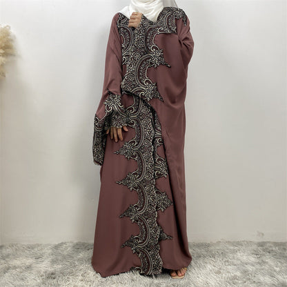 Lace Patchwork Batwing Sleeve Robe Open Abaya