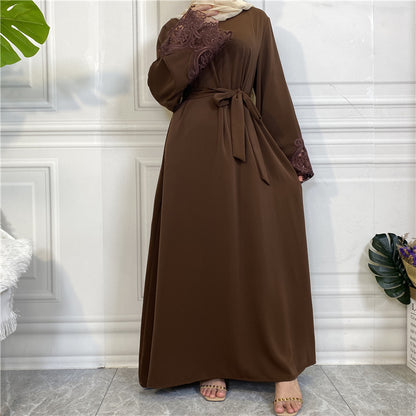 Modest Plain Floral Lace Zip-up Abaya Dress