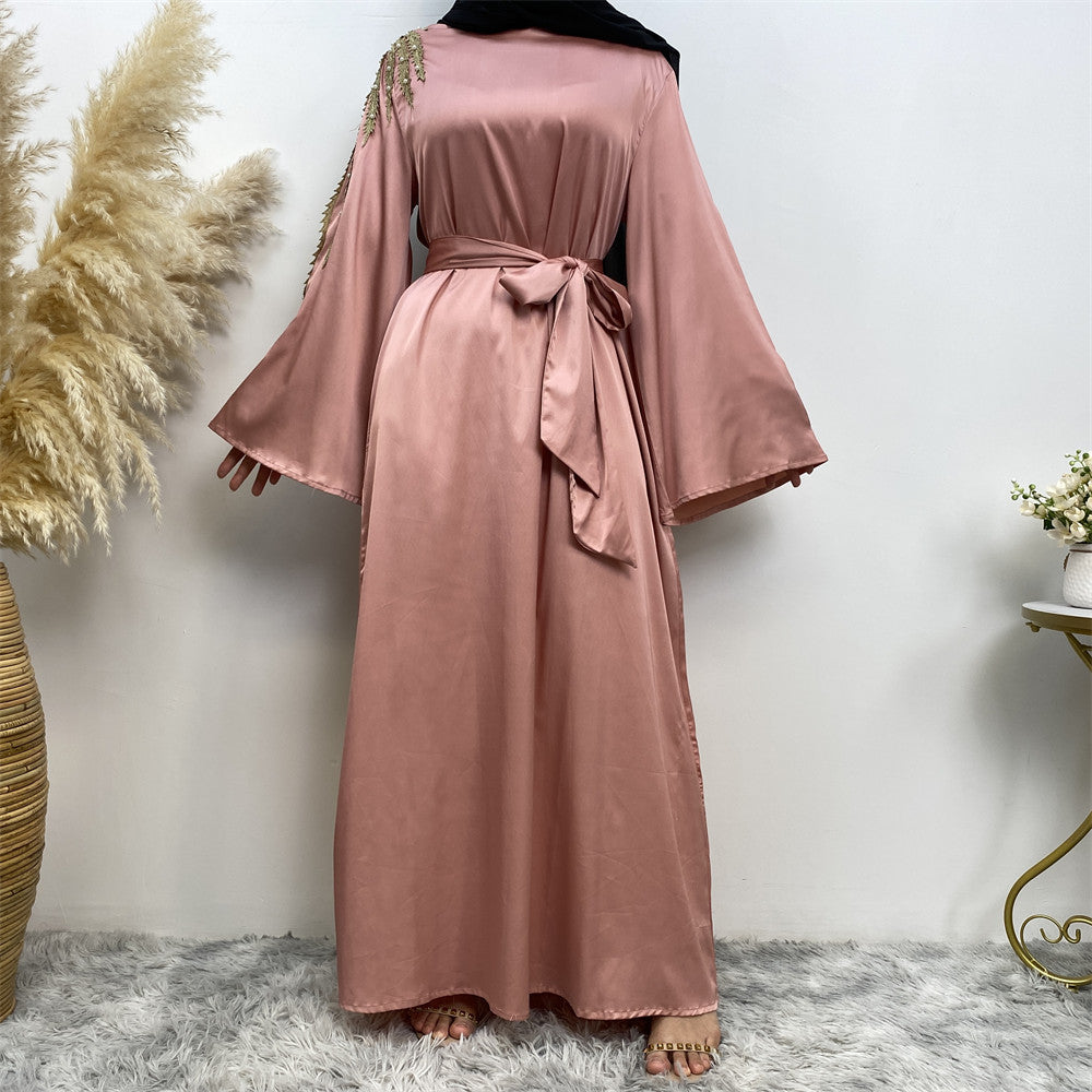 Elegant Pearl-Embellished Patchwork Modest Abaya Dress