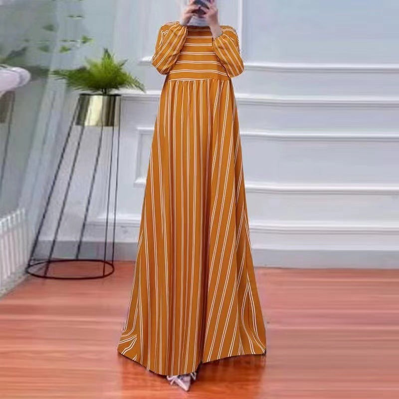 Women's Striped Loose Round Neck Long Sleeved Dress