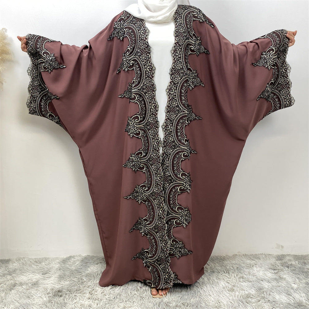 Lace Patchwork Batwing Sleeve Robe Open Abaya