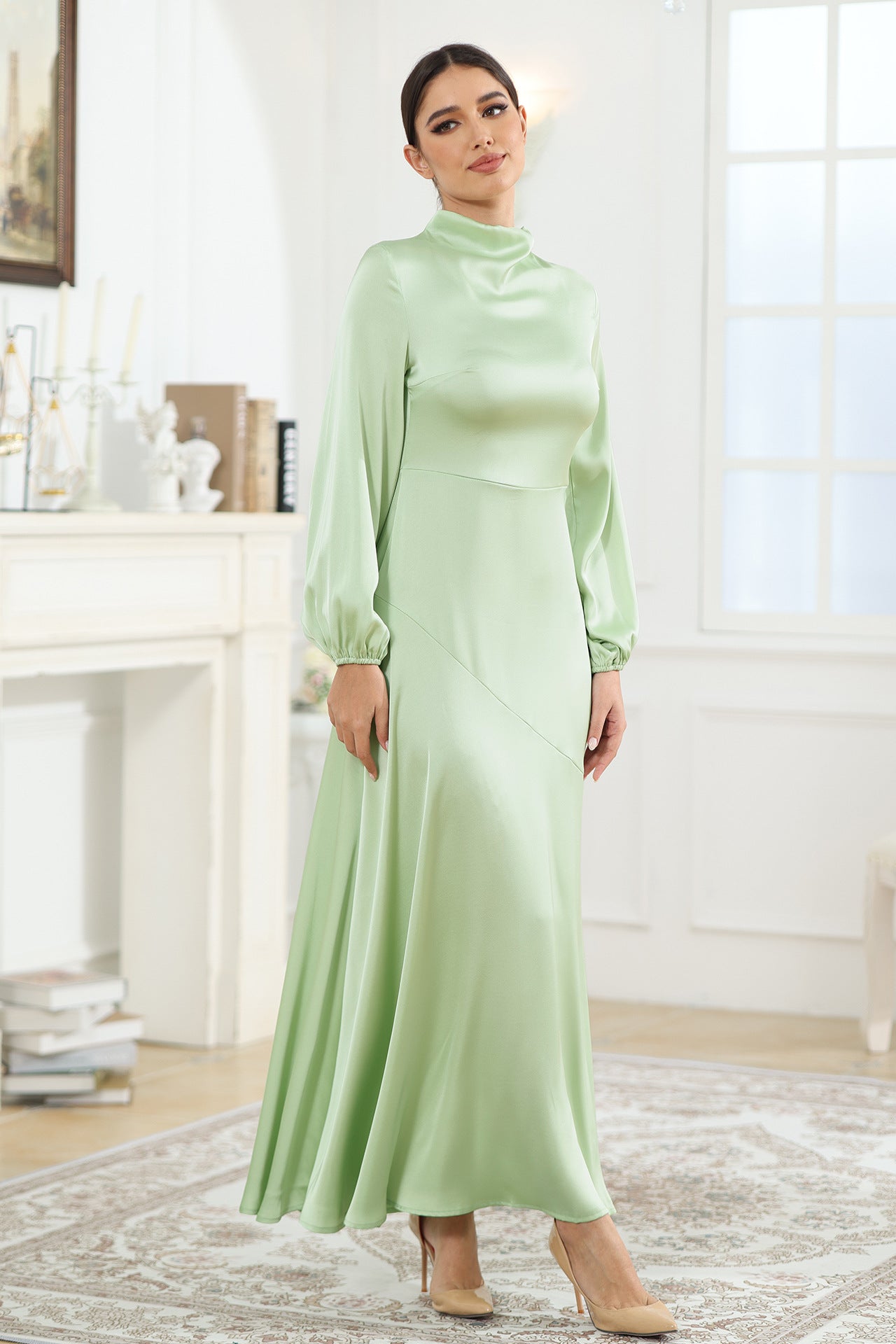 Modest High Neck Long Sleeve Satin Maxi Dress