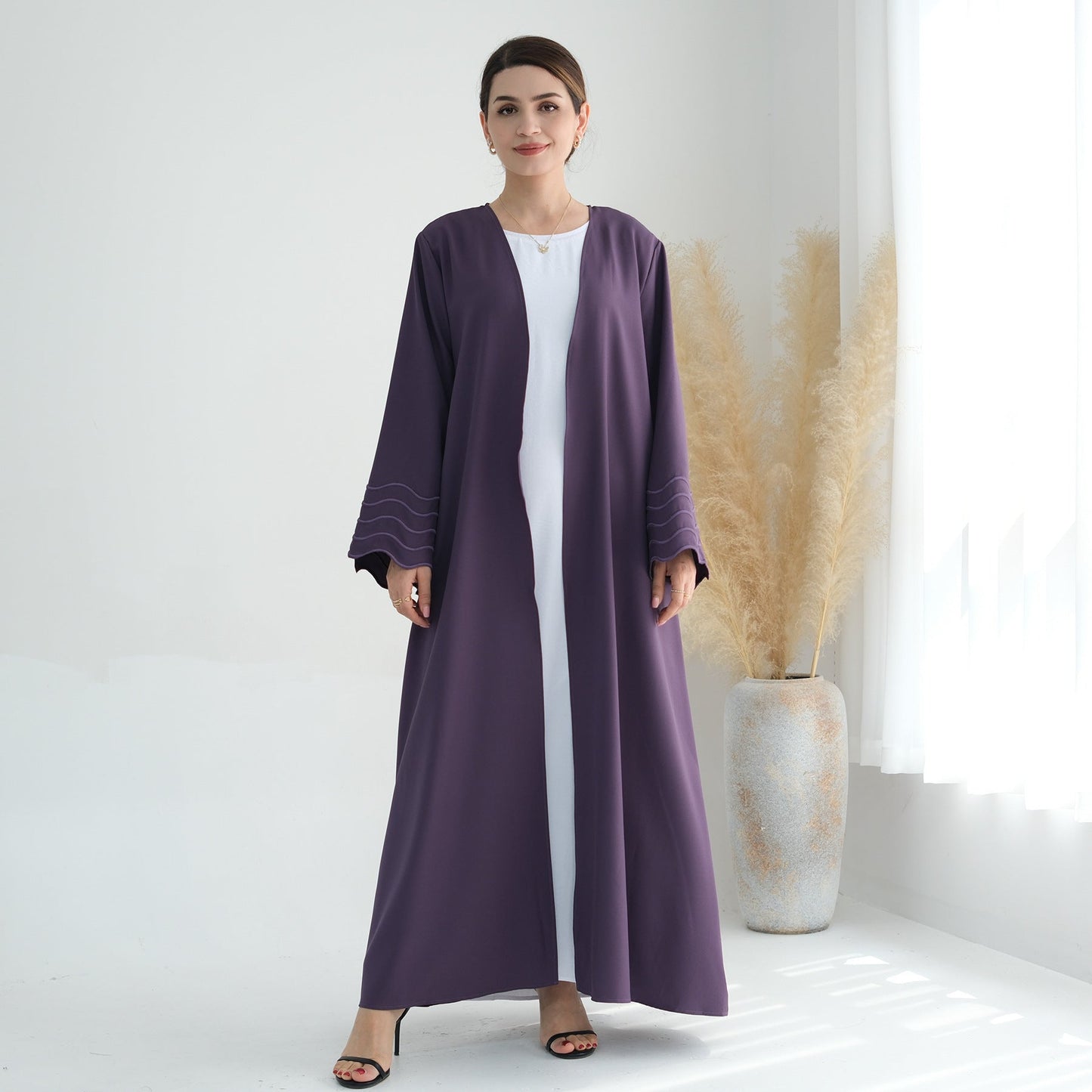 Women's Plain Embroidered Robe Open Abaya