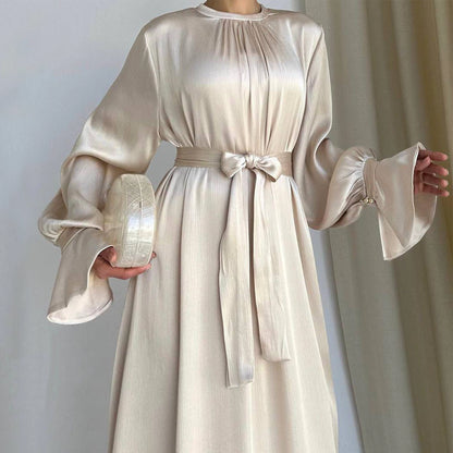 Women's Satin Waist Tie Elegant Abaya Dress