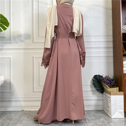 Modest Plain Floral Lace Zip-up Abaya Dress