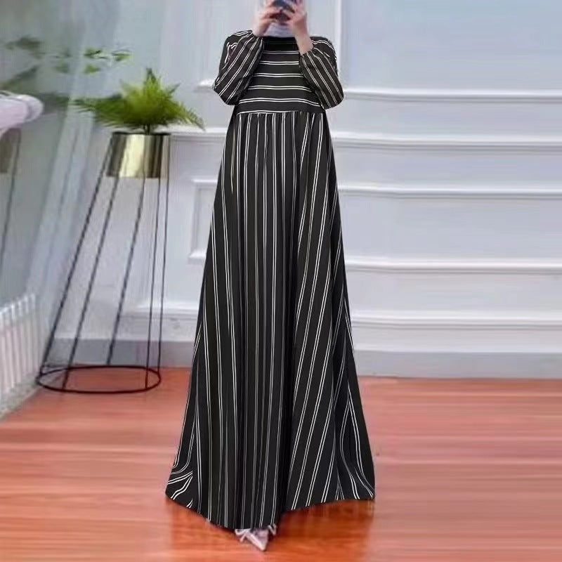 Women's Striped Loose Round Neck Long Sleeved Dress