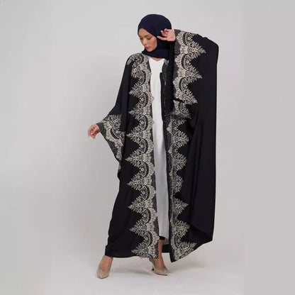 Lace Patchwork Batwing Sleeve Robe Open Abaya