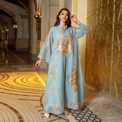 Luxury Gold Emboridered Patchwork Evening Dress - SkyBlue