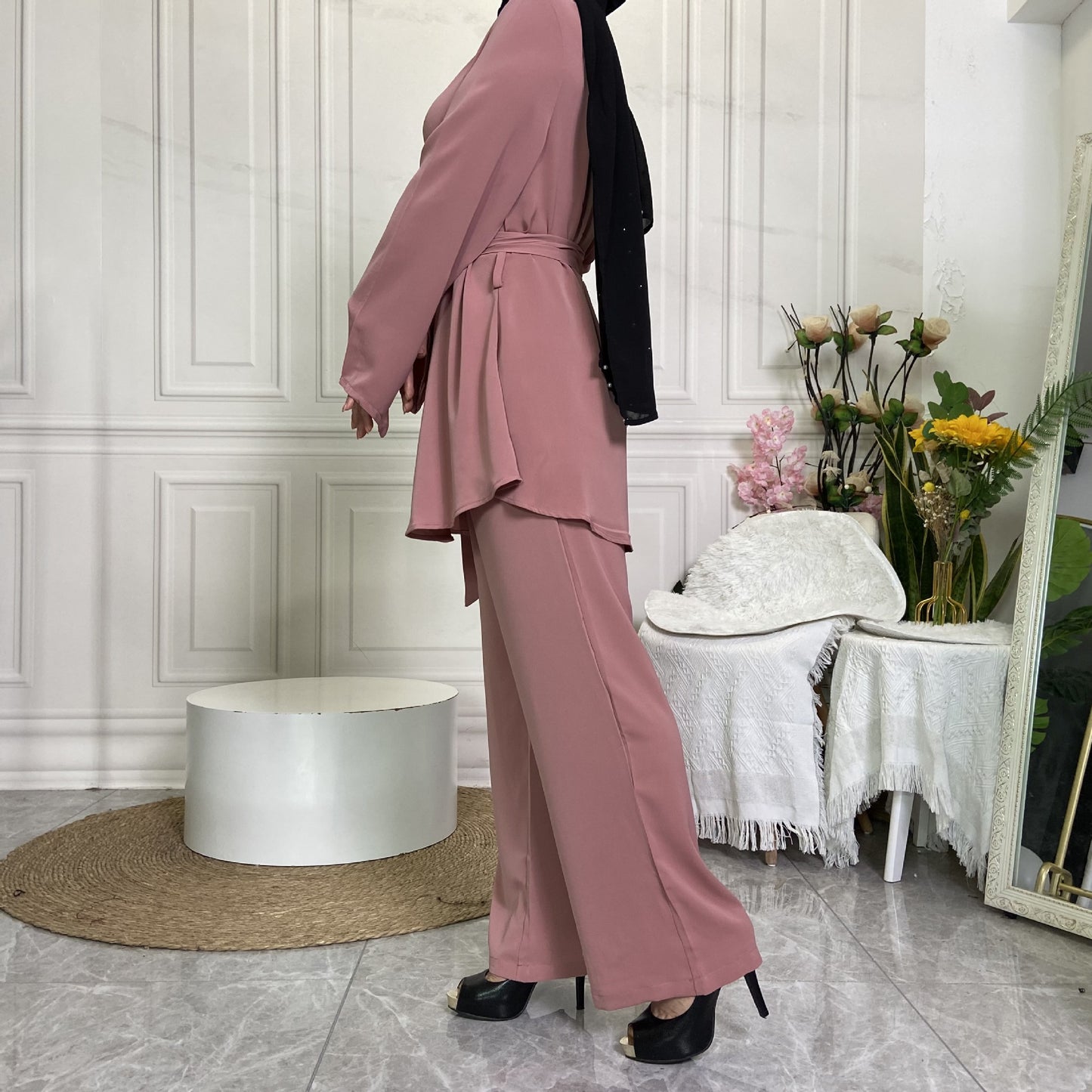 Women's Wide-leg Pants with Lace-up Two Piece Sets