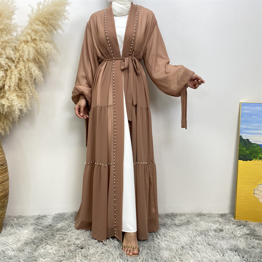 Plain Beaded Strappy Chiffon Robe Dress