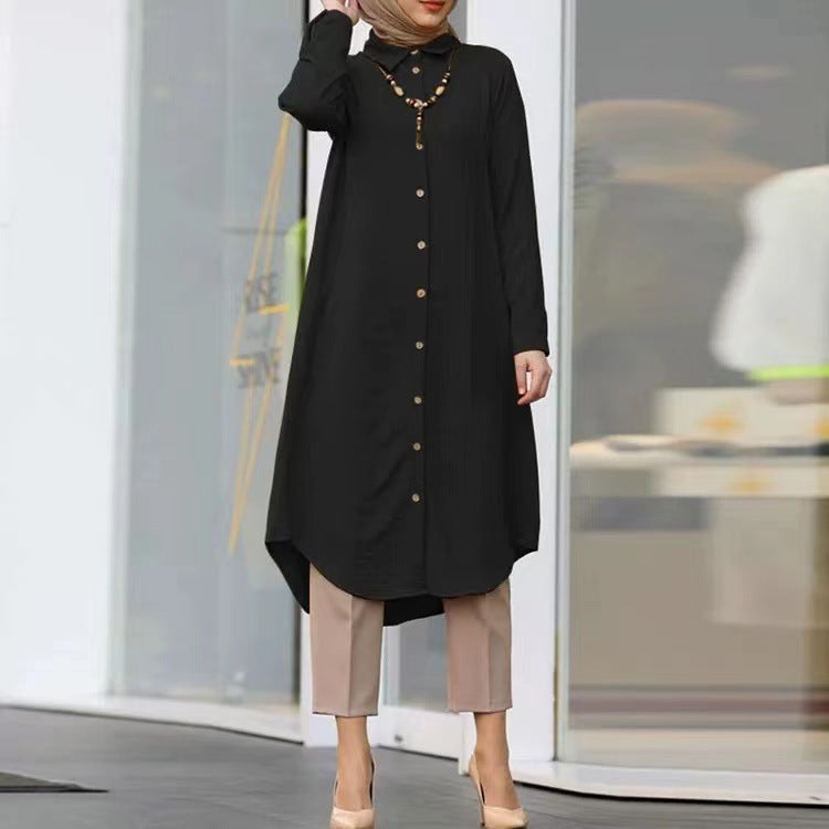 Women's Lapel Button Shirt Sleeve Modest Dress