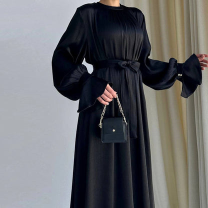 Women's Satin Waist Tie Elegant Abaya Dress