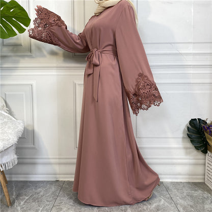 Modest Plain Floral Lace Zip-up Abaya Dress