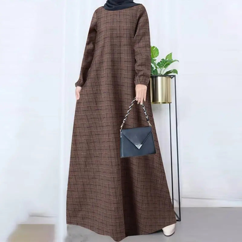 Women's Plaid Crewneck Modest Dress