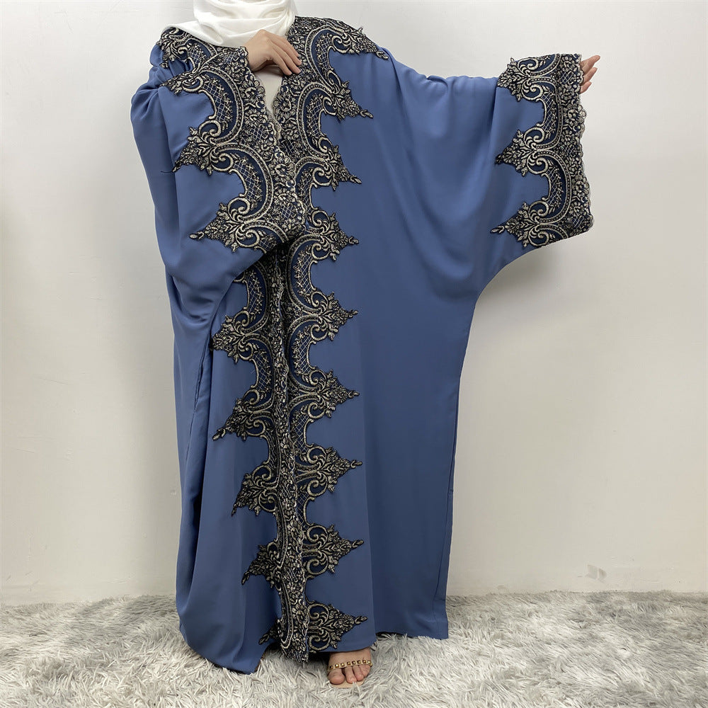 Lace Patchwork Batwing Sleeve Robe Open Abaya