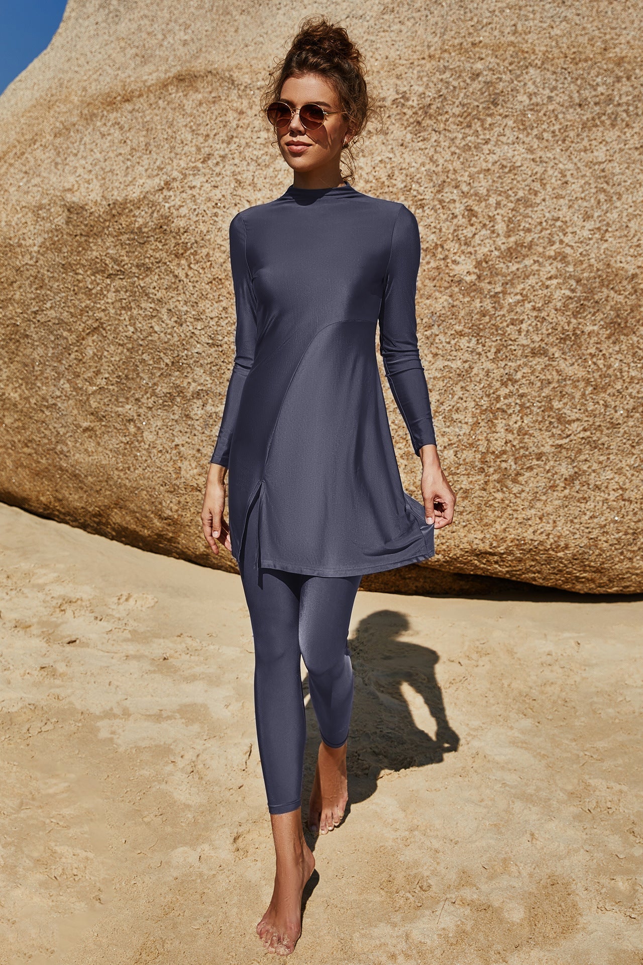 Burkini Solid Color Long Sleeve Two-piece Swimsuit