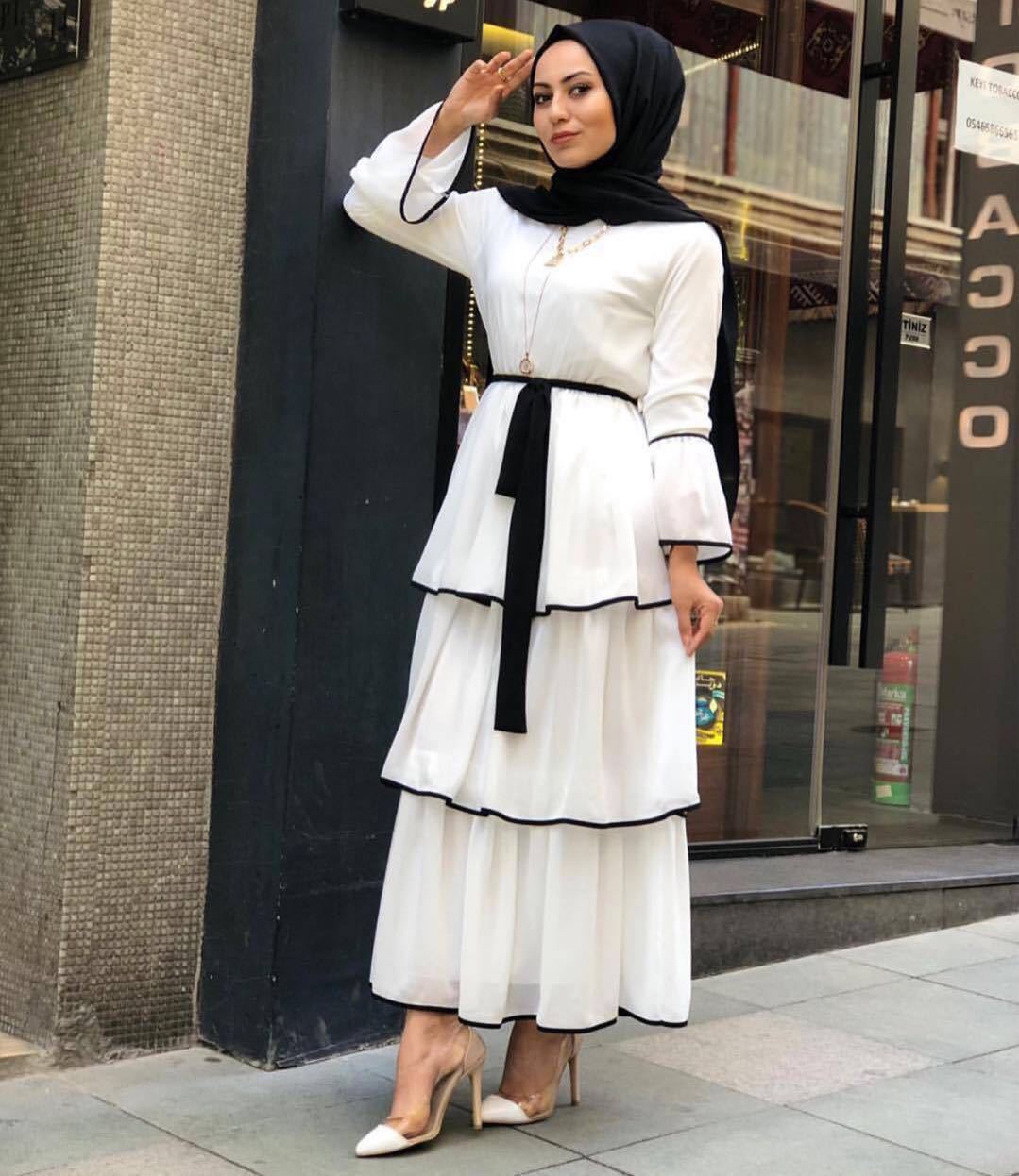 Modest Black White Abaya Dress