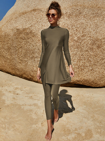 Burkini Solid Color Long Sleeve Two-piece Swimsuit