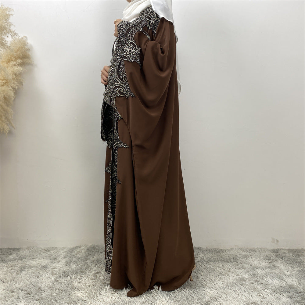 Lace Patchwork Batwing Sleeve Robe Open Abaya