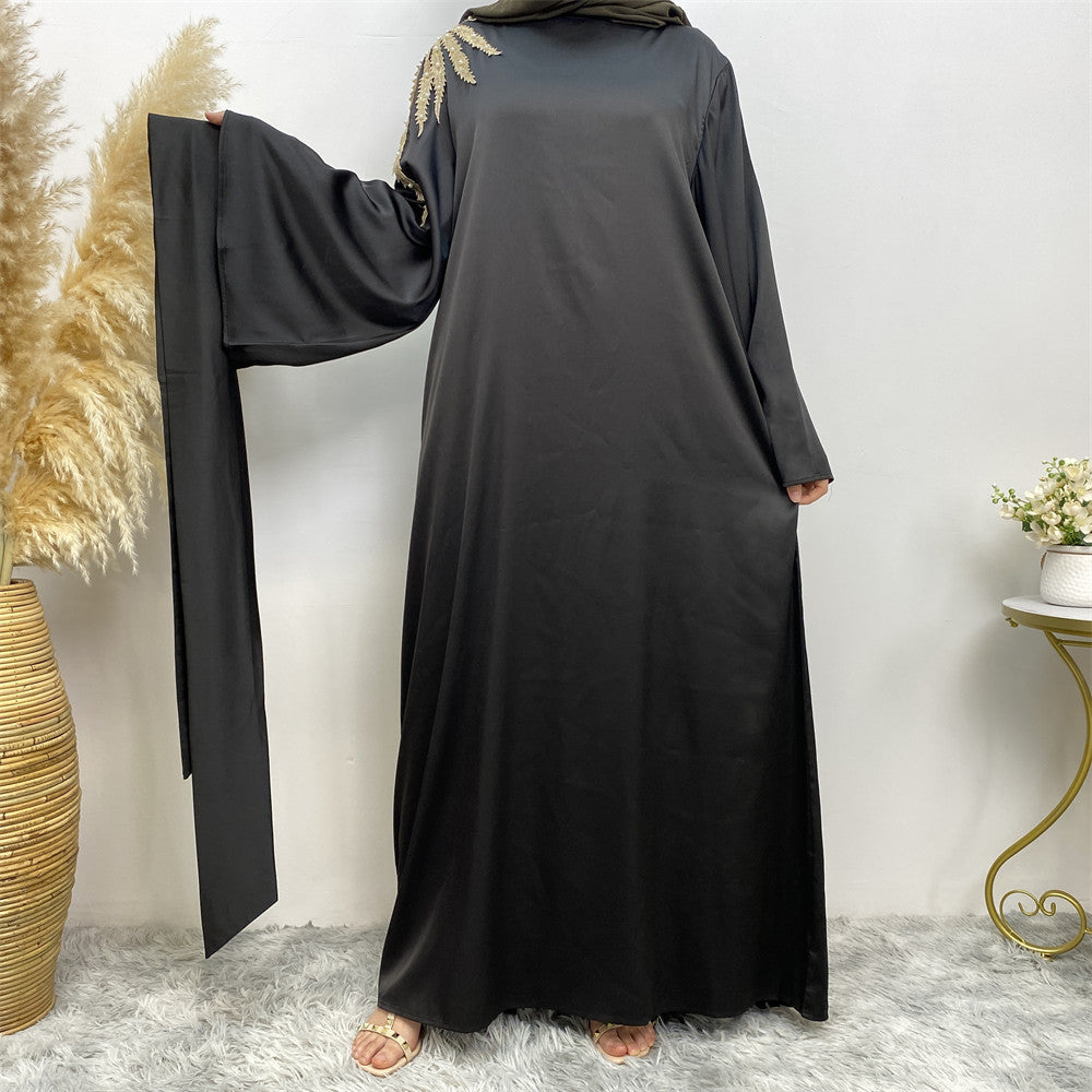 Elegant Pearl-Embellished Patchwork Modest Abaya Dress